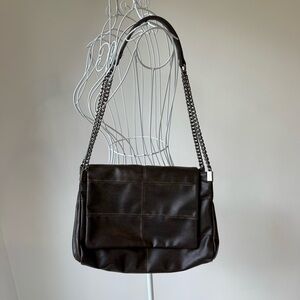 ZARA Rocker Shoulder Bag – Brown Faux Leather, Chain Strap, Large Tote Style
